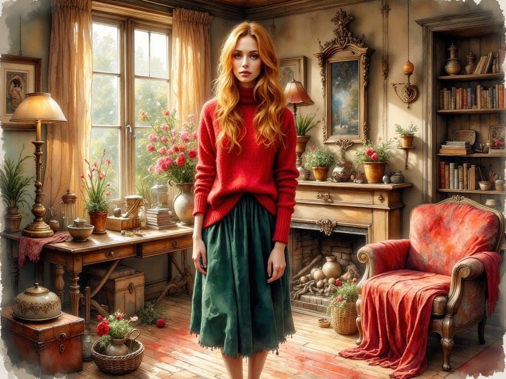 Amy Groening in Cozy Living Room, Concept Art Style