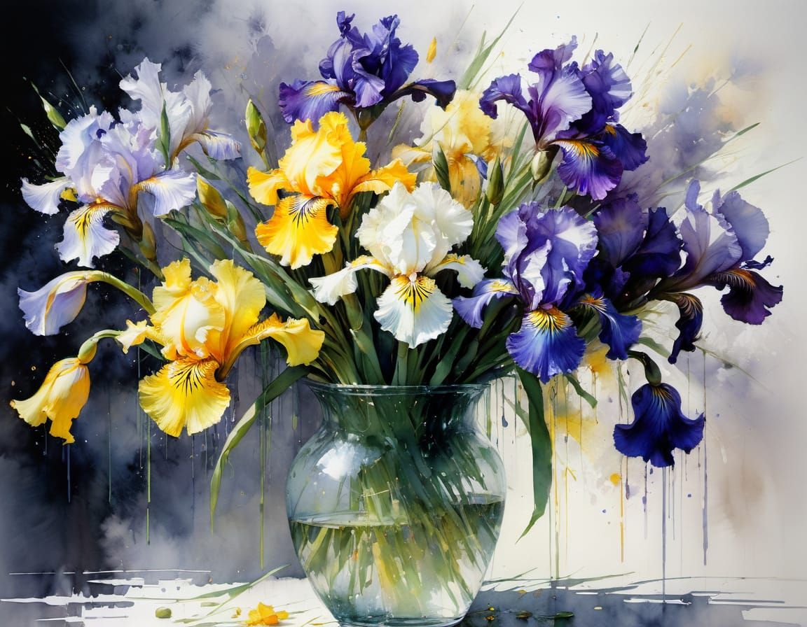 Watercolor Bouquet of Irises in Fine Art Style