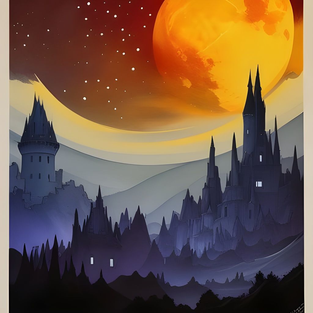 Magical Castle Ink Painting in Surreal Style