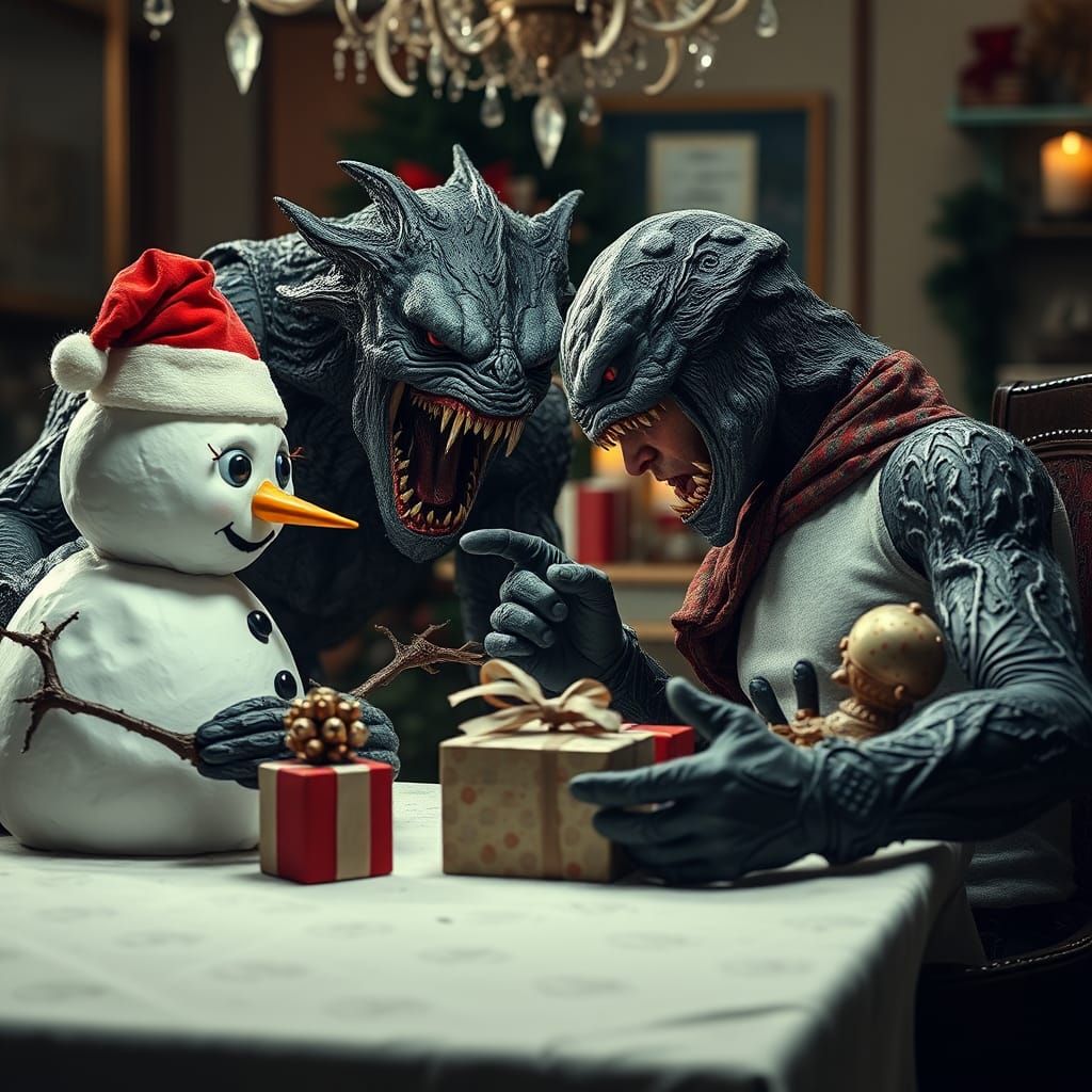 Monster and Snowman Arguing Over Presents
