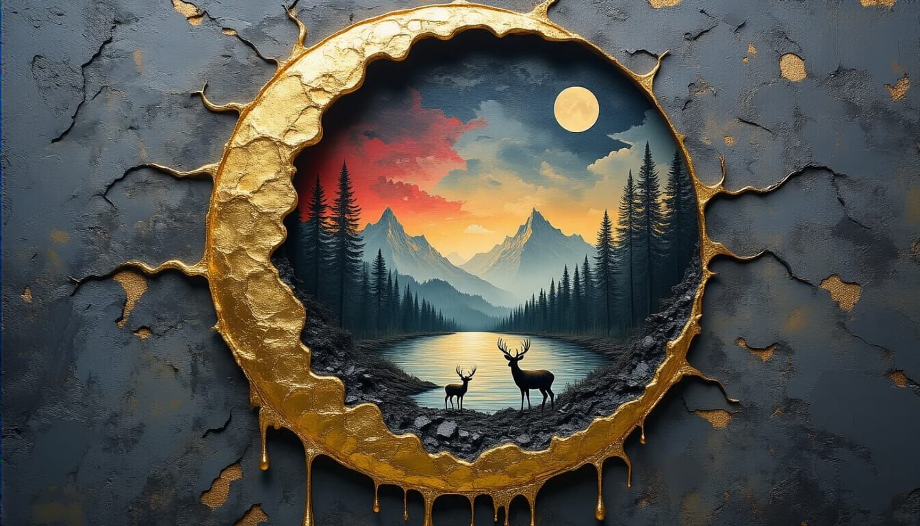 Liquid Gold Universe in Crescent Moon Silhouette