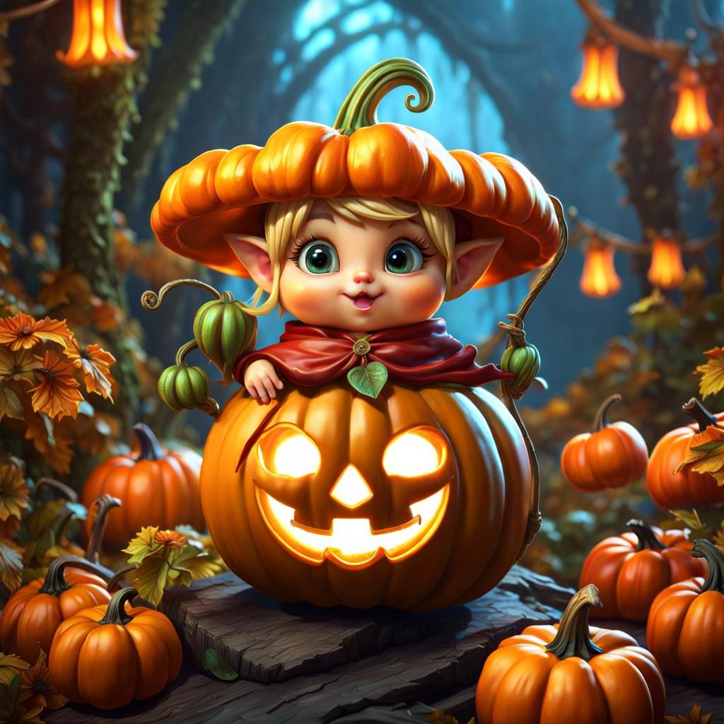 Adorable Pumpkin Elf in Chili Style, Fantasy Art