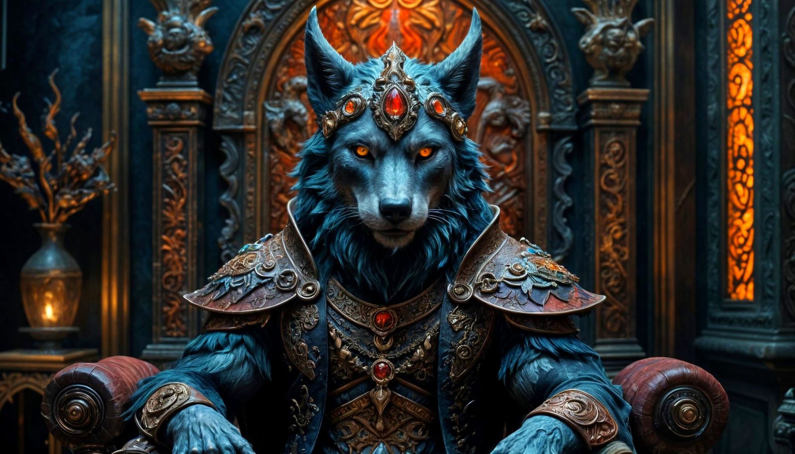 Dark Fantasy Wolf Lord in Ornate Horned Helmet