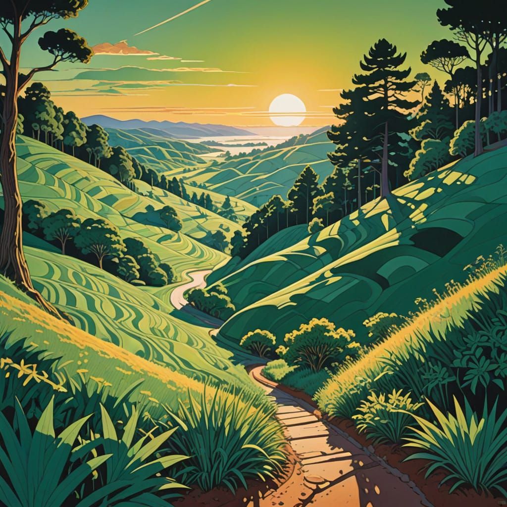 Surreal Summer Sunset in Vibrant Green Landscape