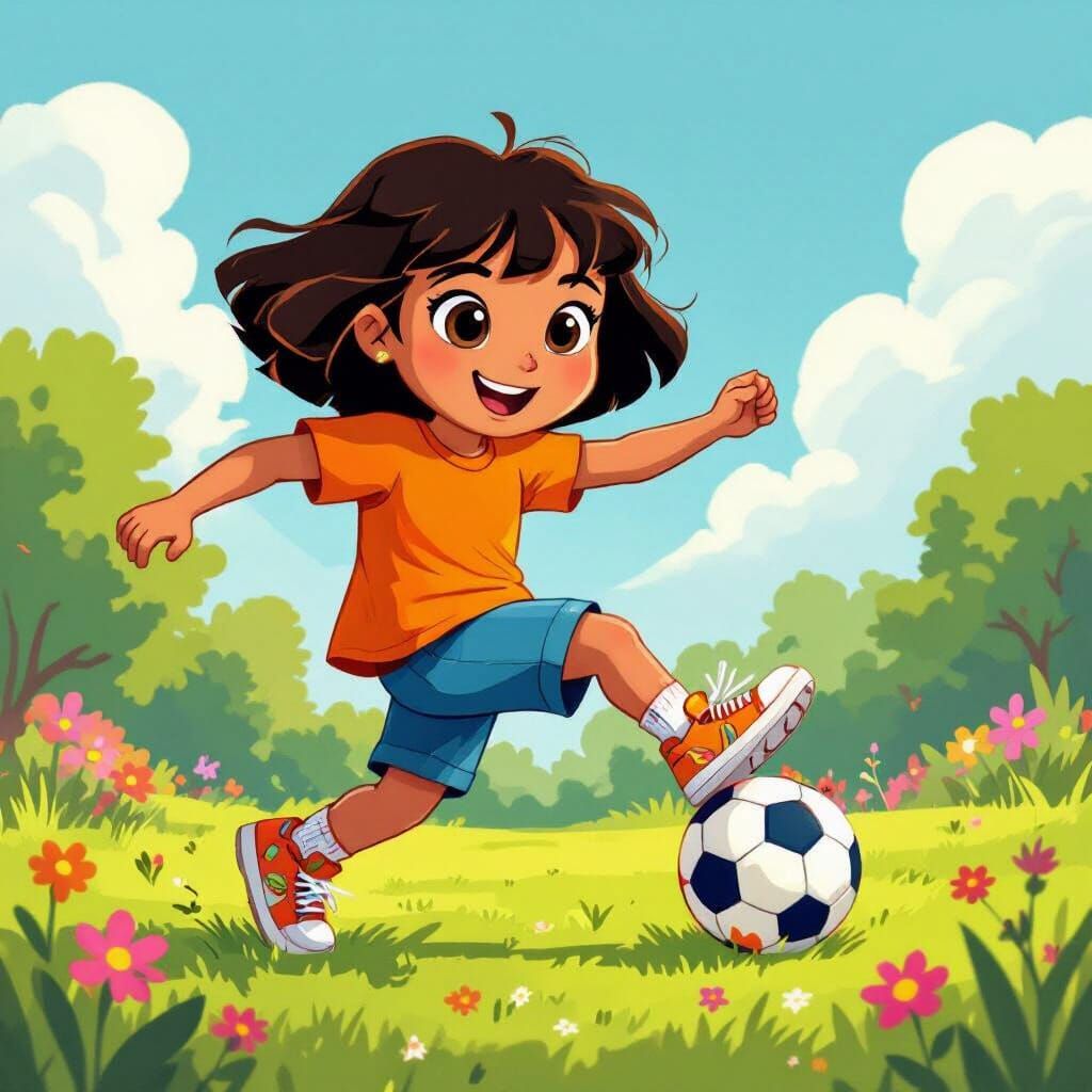 Dora the Explorer Kicking a Soccer Ball: Whimsical Illustrat...