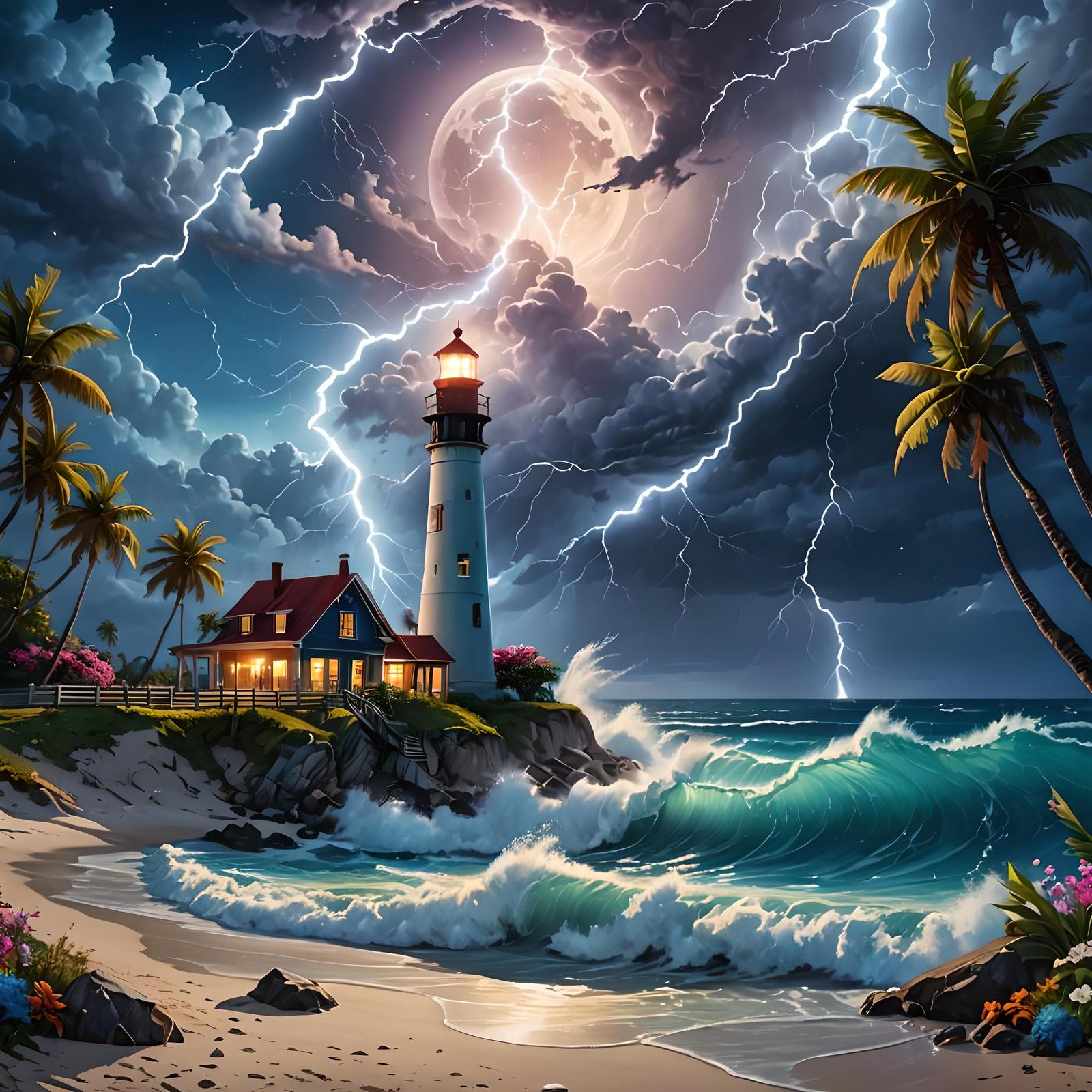 Vibrant Beach Scene with Lightning and Lighthouse