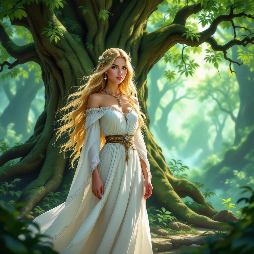 Freyja Guards Sacred Grove in Ethereal Fantasy Art