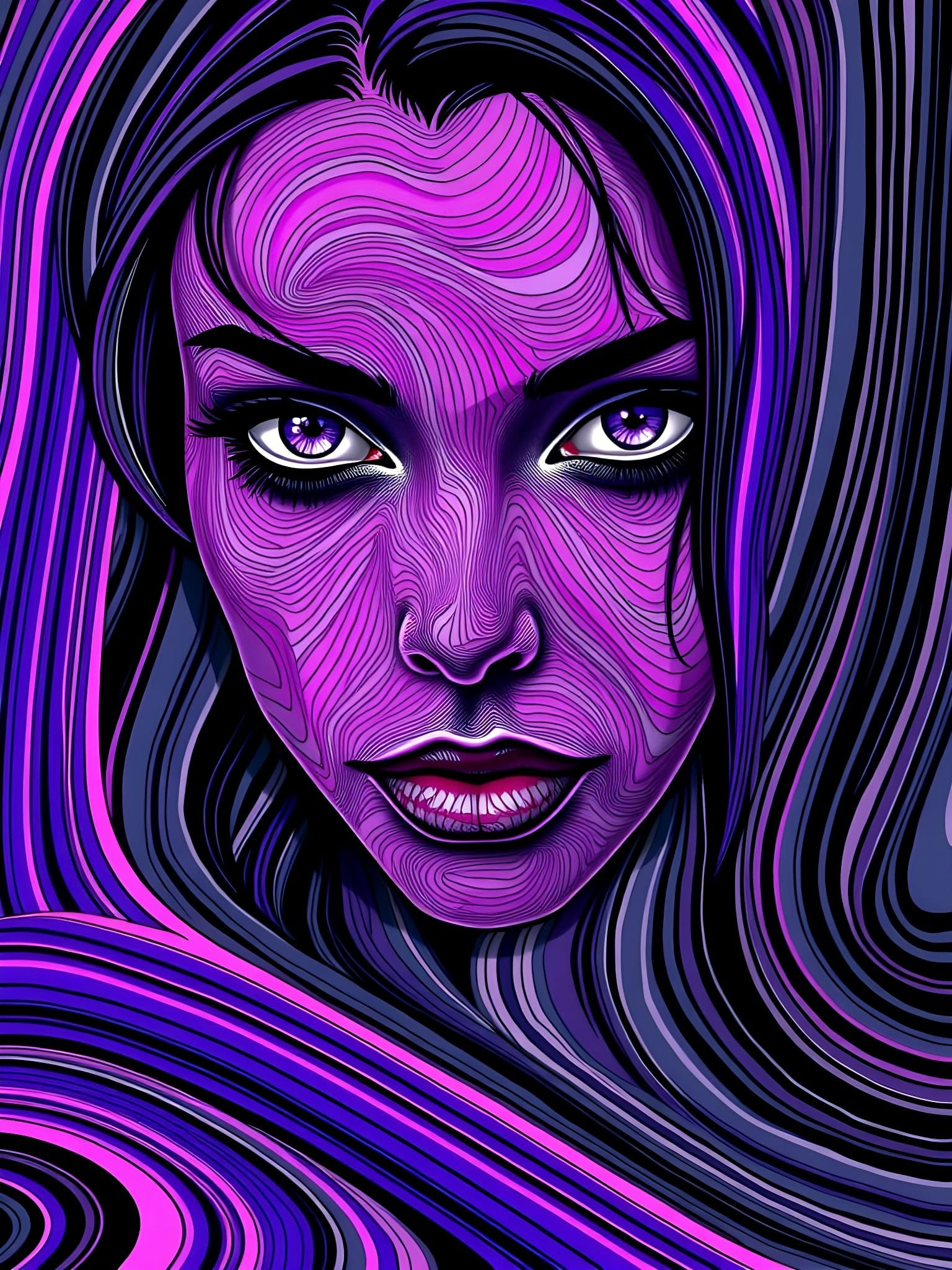 Vibrant Purple Lines Converge to Form a Woman's Face in a Sw...