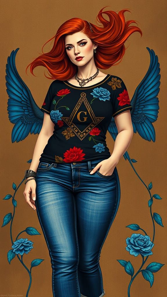 Surreal Fashion Illustration: Empowered Red Head in Floral C...