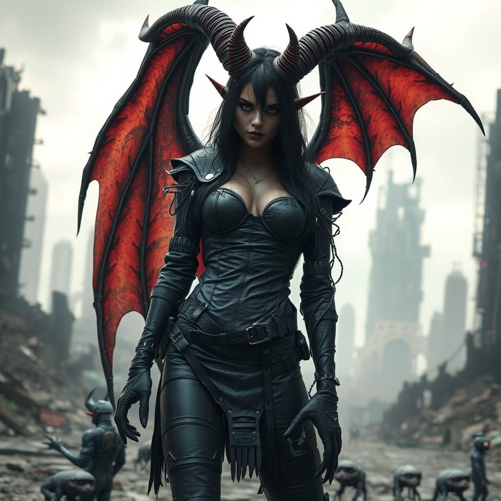 Dark Demoness in Ruined City: Biomechanical Surrealism