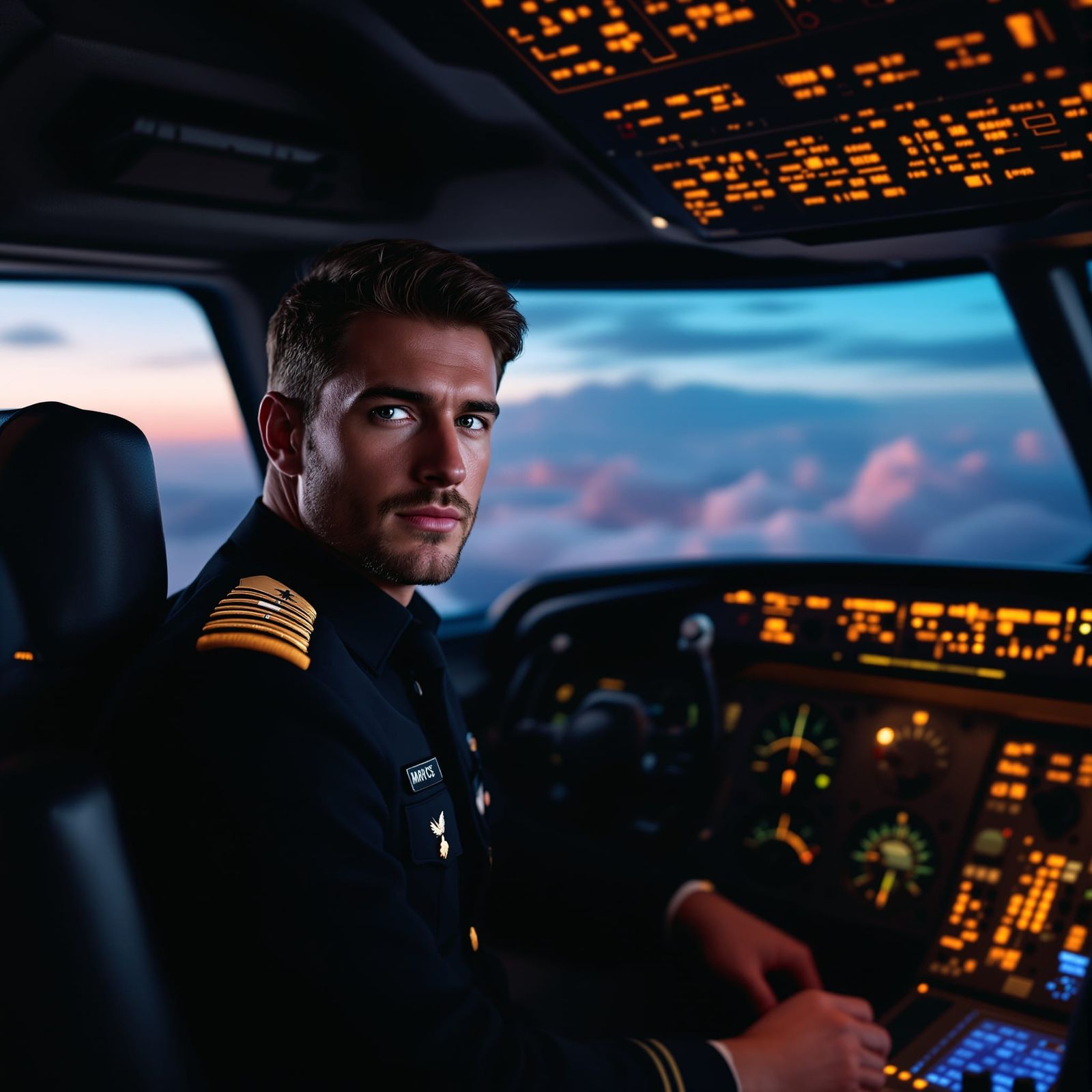 Confident Airline Pilot in Cockpit at Twilight