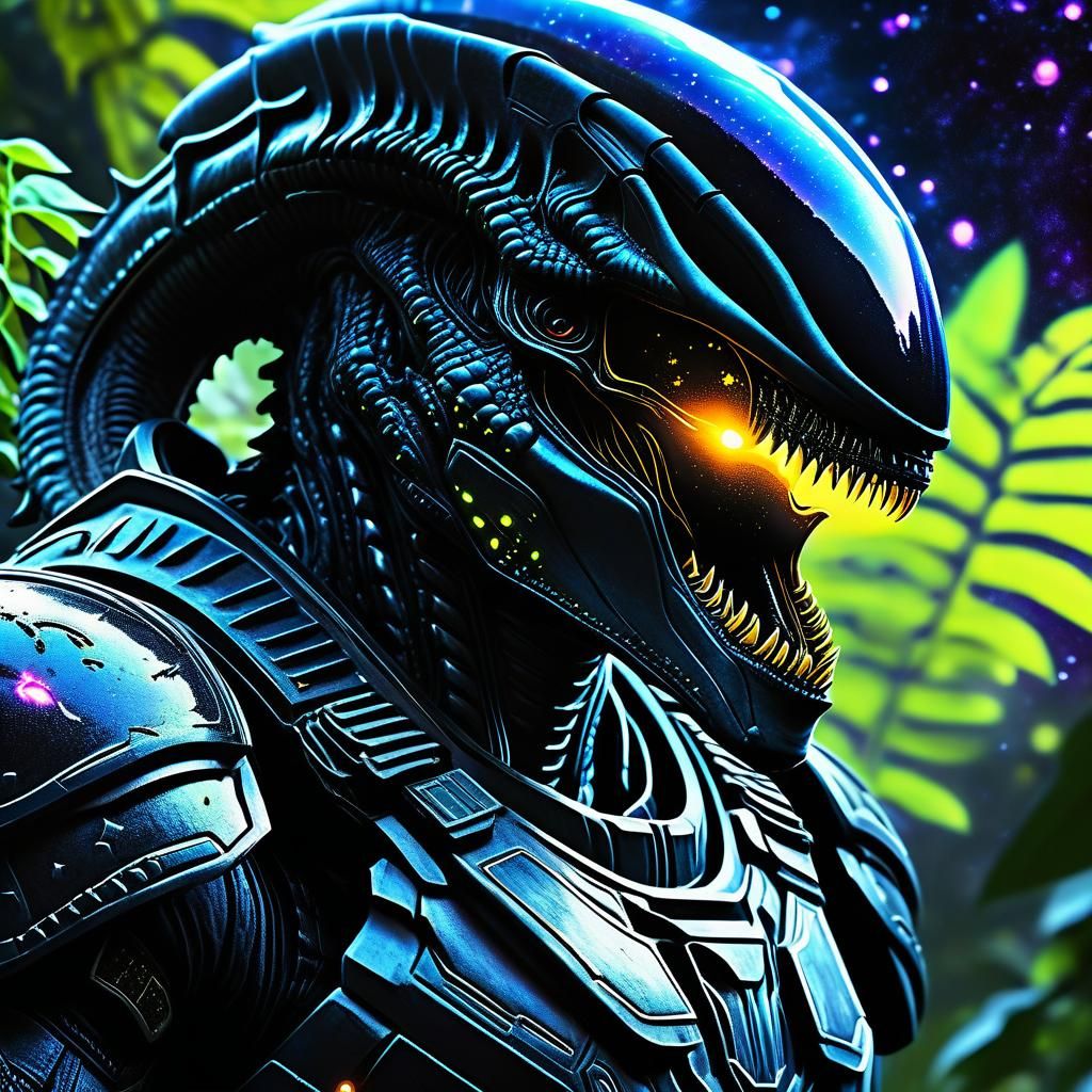 Dark Fantasy Warrior Confronts Bioluminescent Xenomorph
