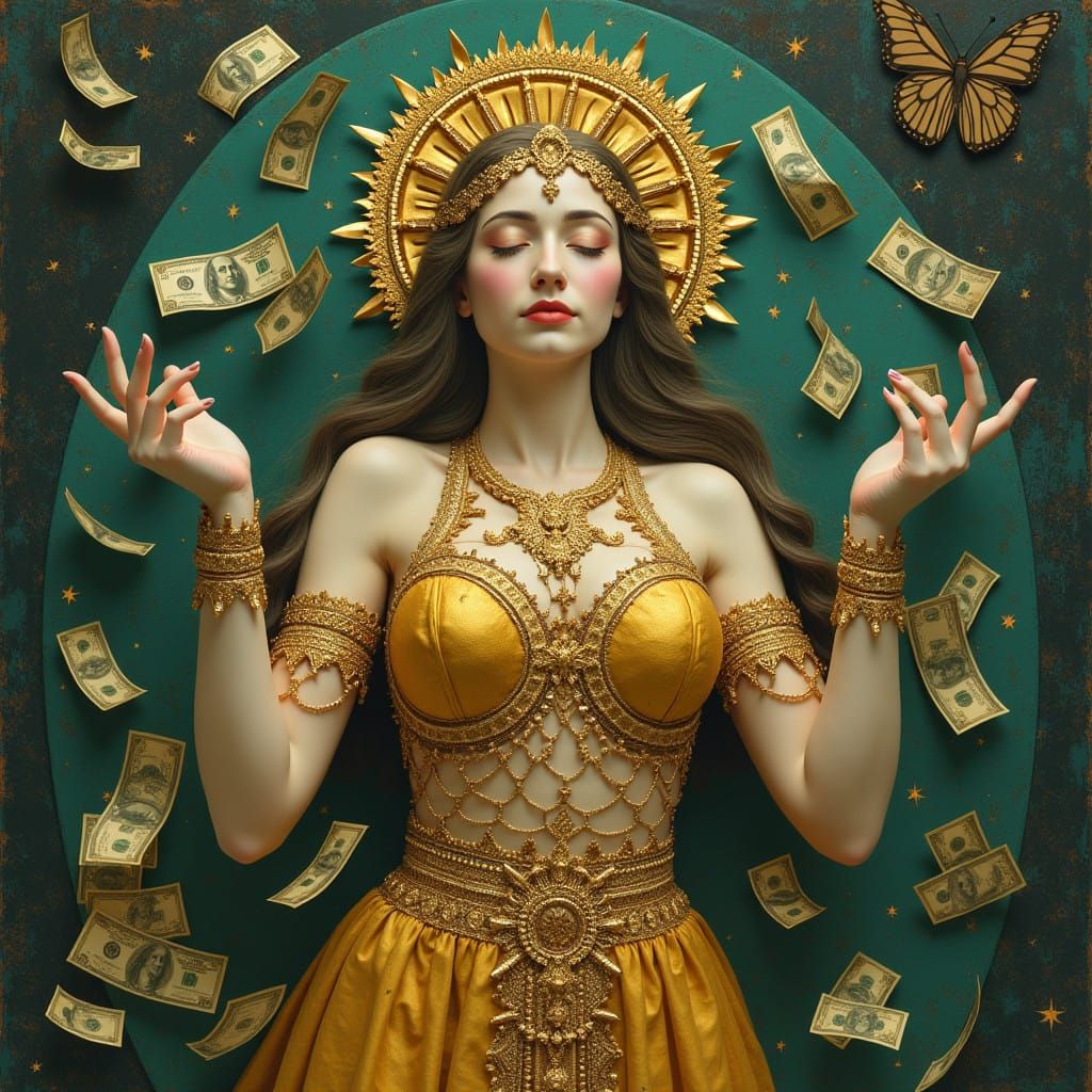 Prosperity Goddess Receives Abundant Fortune in Majolica Sty...