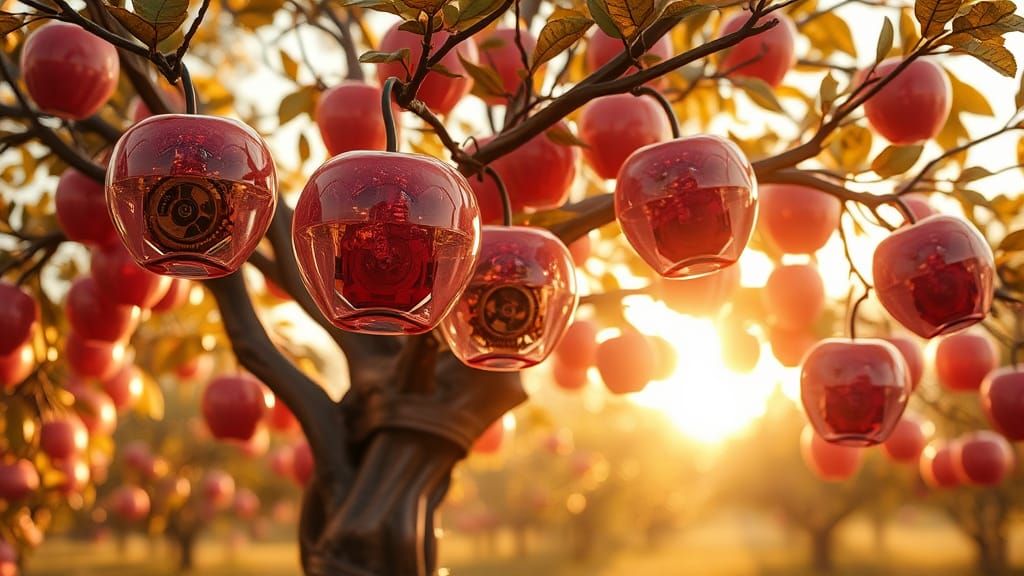 Mechanical Tree with Crystalline Plums in Orchard