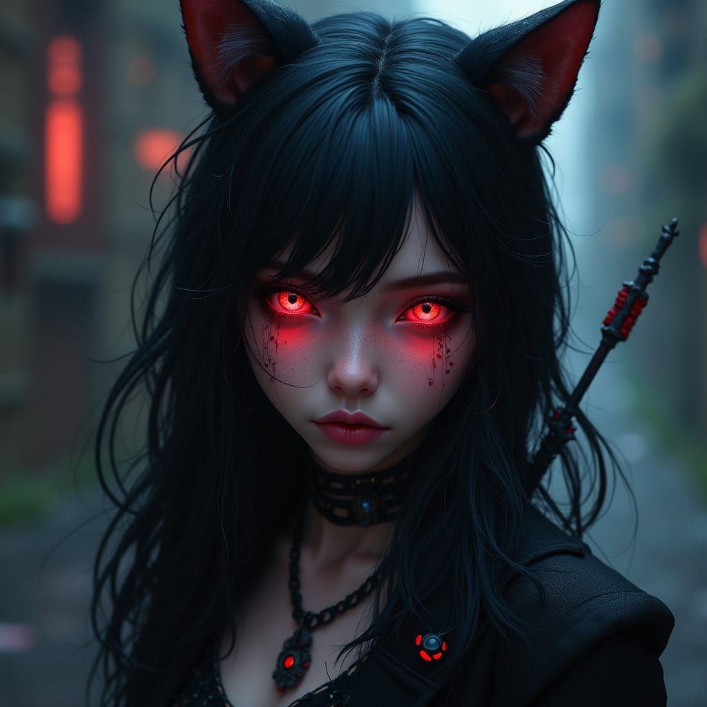 Gothic Woman with Cat Eyes and Colorful Shadows