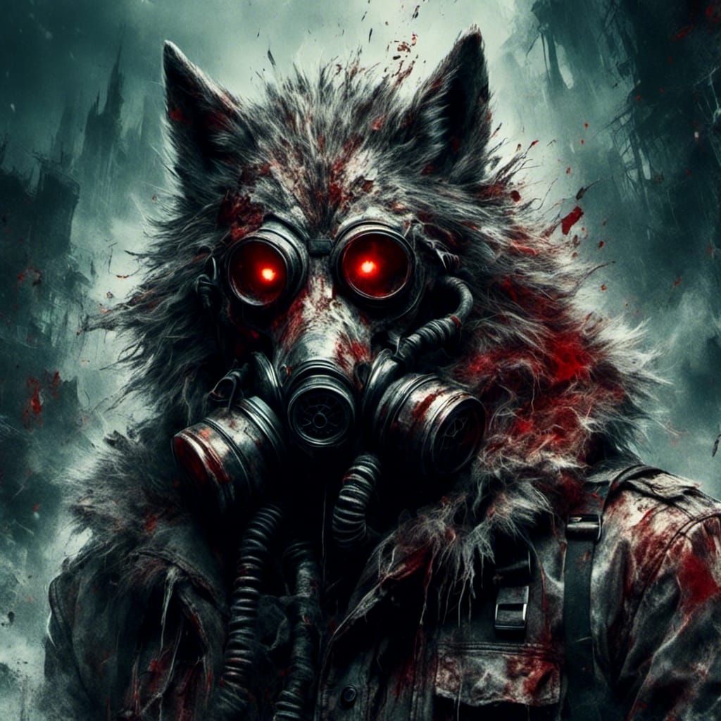 Apocalyptic Wolf in Gas Mask, Hyperrealistic Photography
