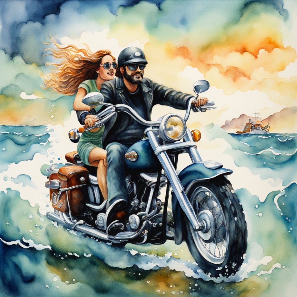 Underwater Motorcycle Ride in Watercolor Style