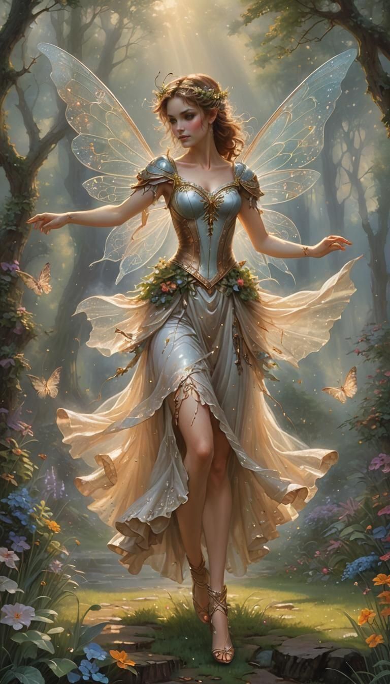 Dancing Faerie in Leather Armour, Ethereal Fantasy Art