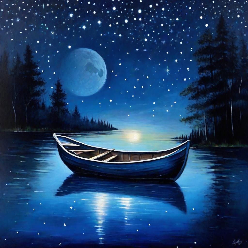 Ethereal Pastel Gouache: Rowboat on Dark Blue Lake