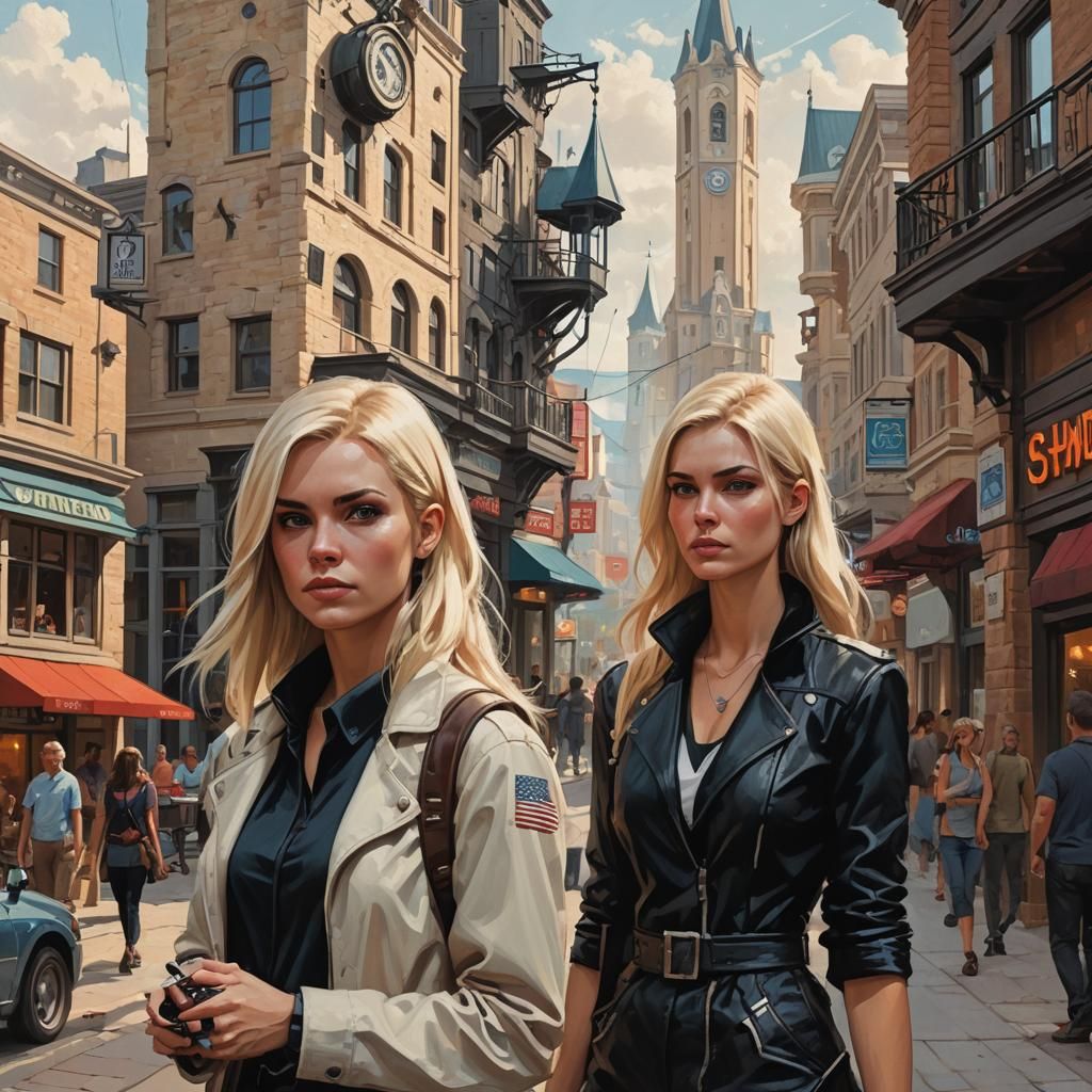 Futuristic Town Center Scene with Friends, Digital Art