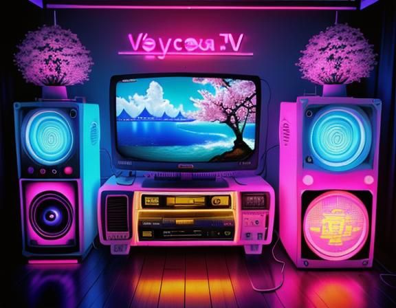 Vaporwave Poseidon Hologram Rising from the Sea