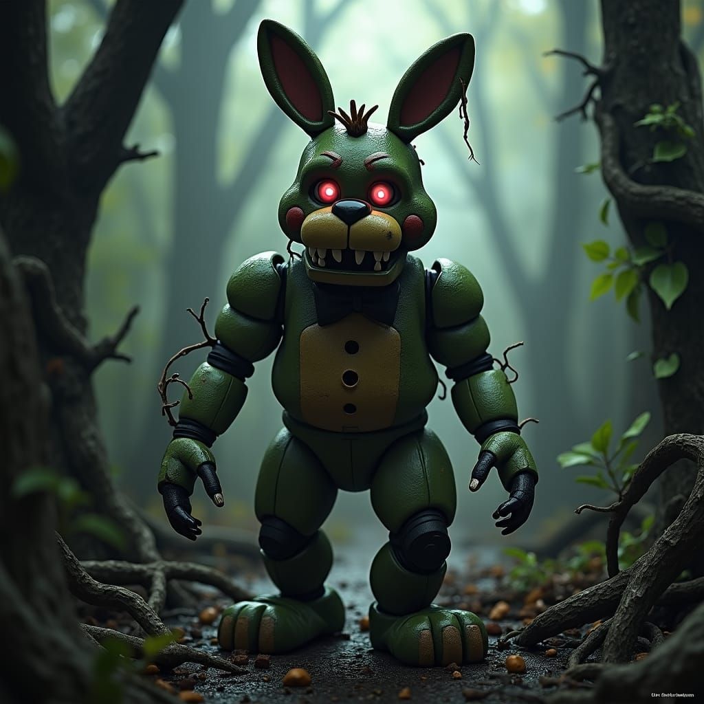 Eerie Springtrap in Mystical Forest: Digital Matte Painting