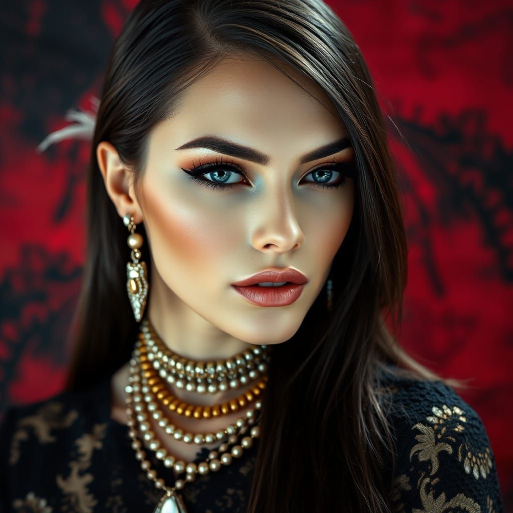 Elegant Woman in Black Lace Dress Portrait