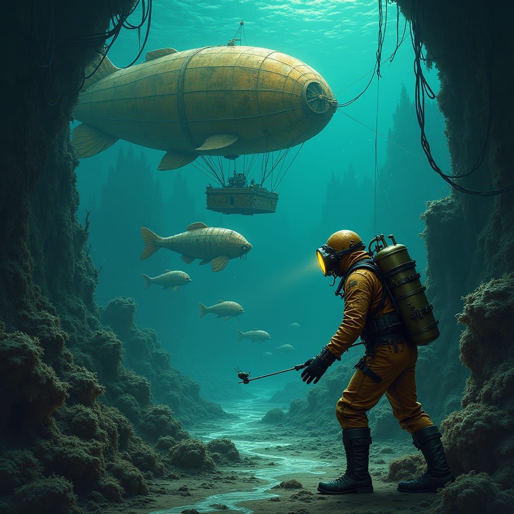 Bioluminescent Steampunk City Undersea: Moebius Style