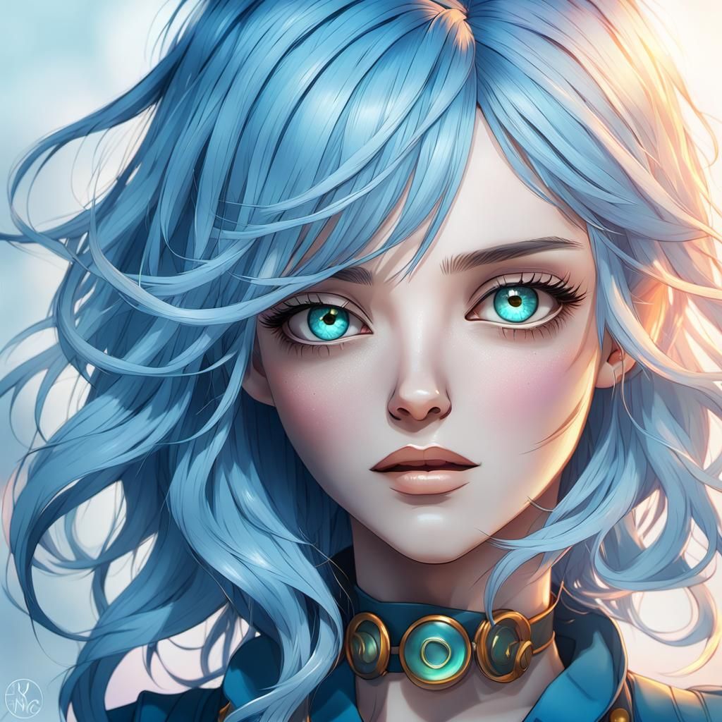 Anime Portrait of Woman with Blue Hair