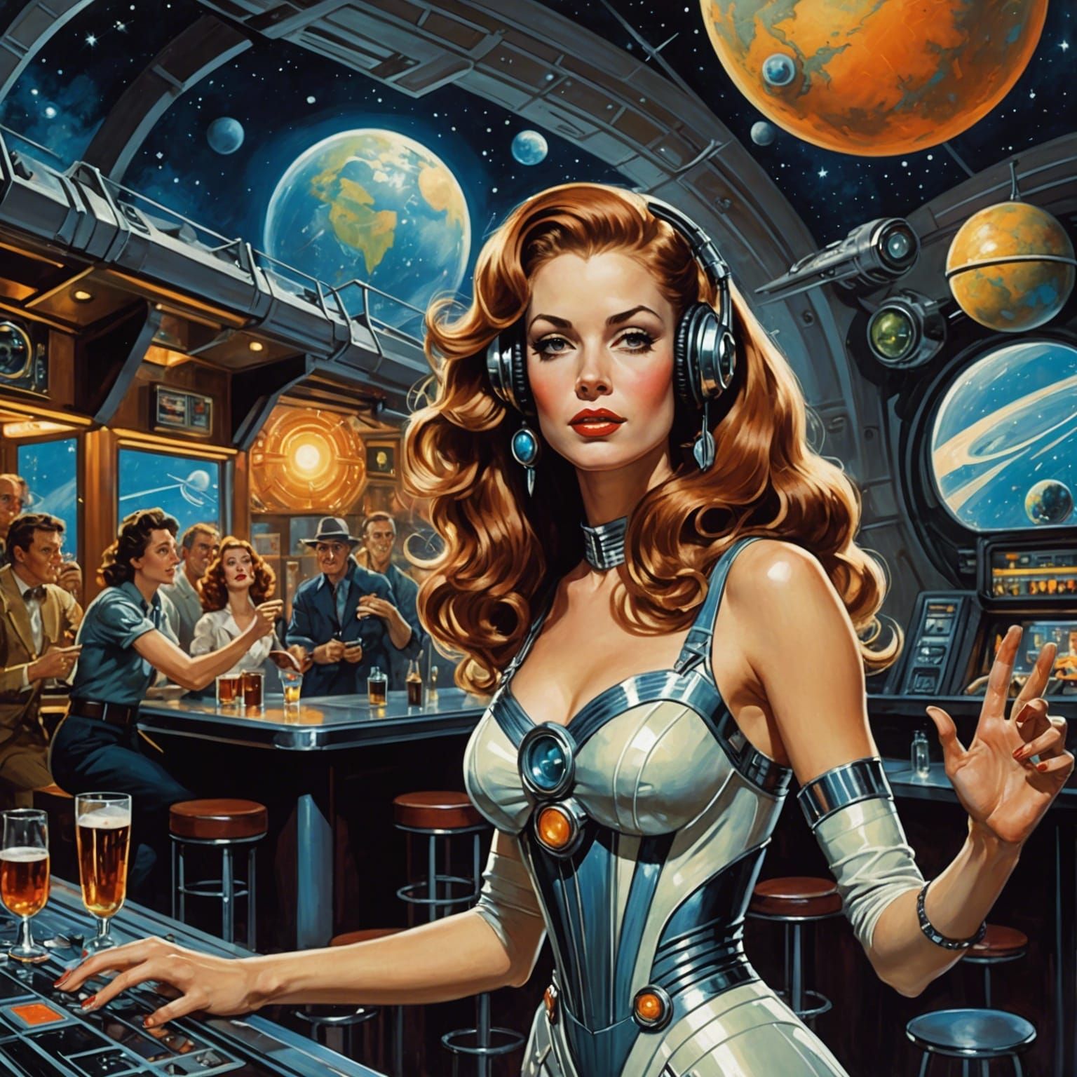 Retrofuturistic Singer in a Cosmic Bar