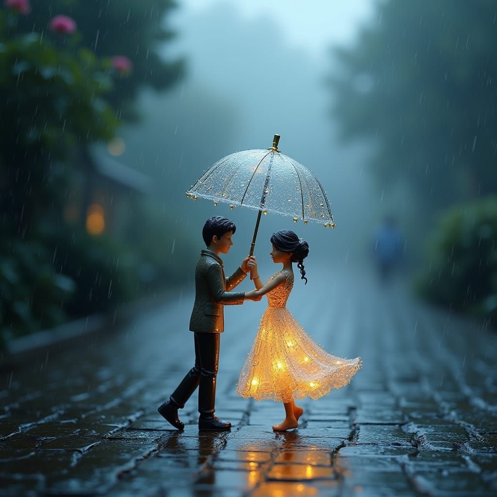 Glass Couple Dancing in Rain Under Umbrella
