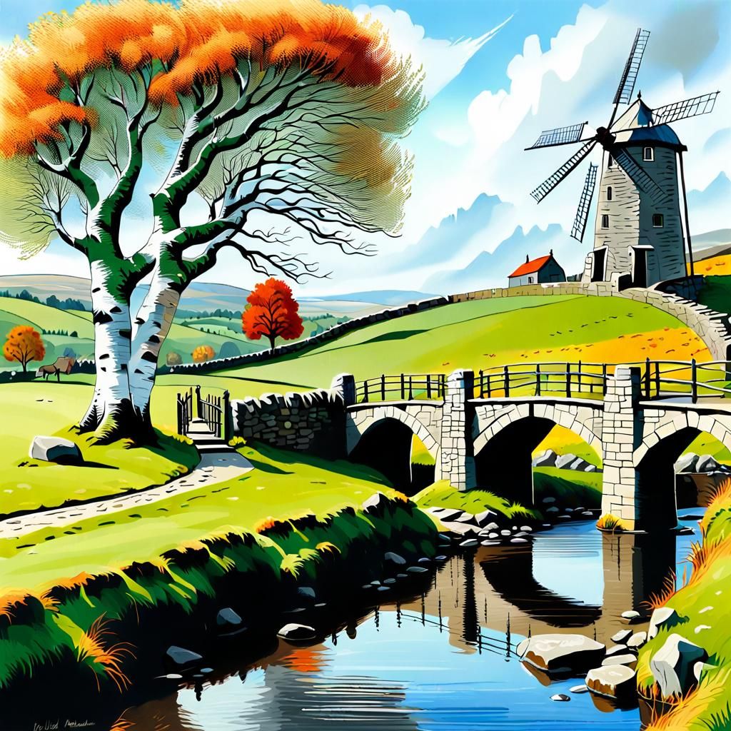 Whimsical Windmill Scene with Highland Cows