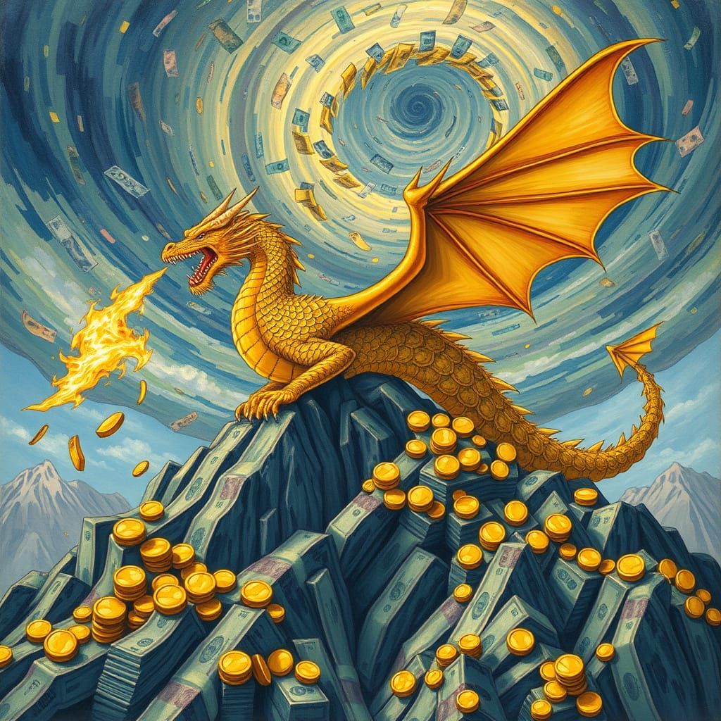 Golden Dragon on Money Mountain in Gouache Style