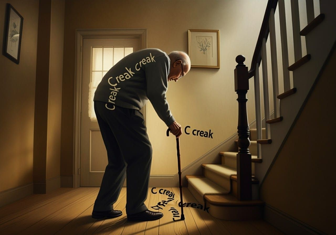 Old Man Walking with Cane on Landing