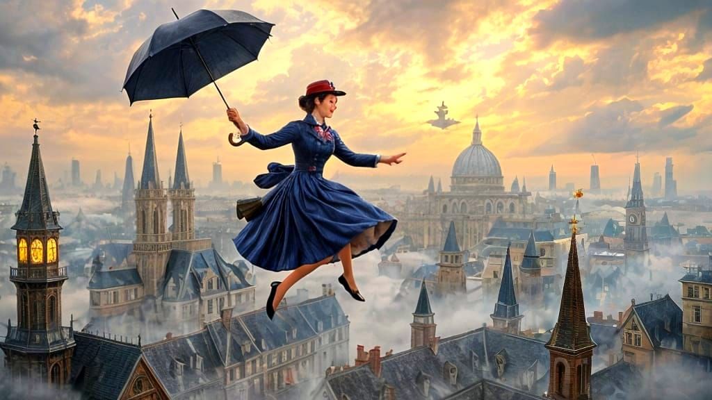 Mary Poppins Soaring in a Hyperdetailed Fantasy Scene
