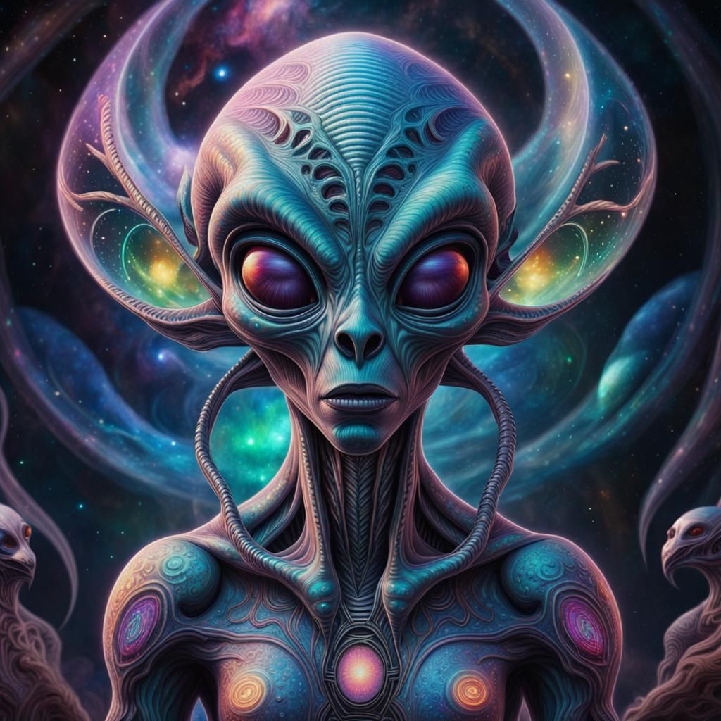 Hooded Alien Creature in Cosmic Astral Style