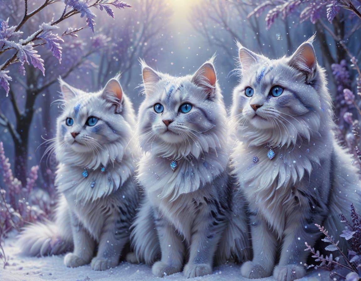 Ethereal Cats in Snowy Landscape, Kinkade Style