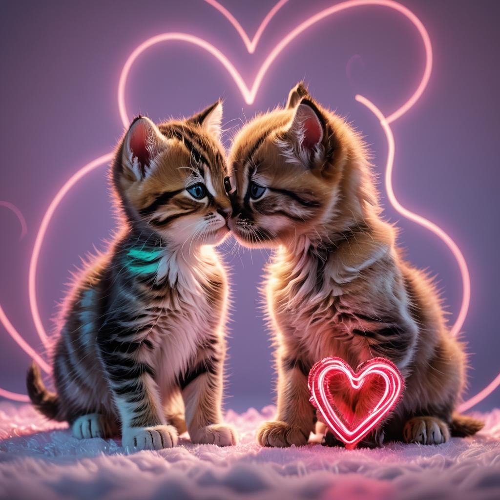 Kitten and Puppy Noses Touching in Neon Light