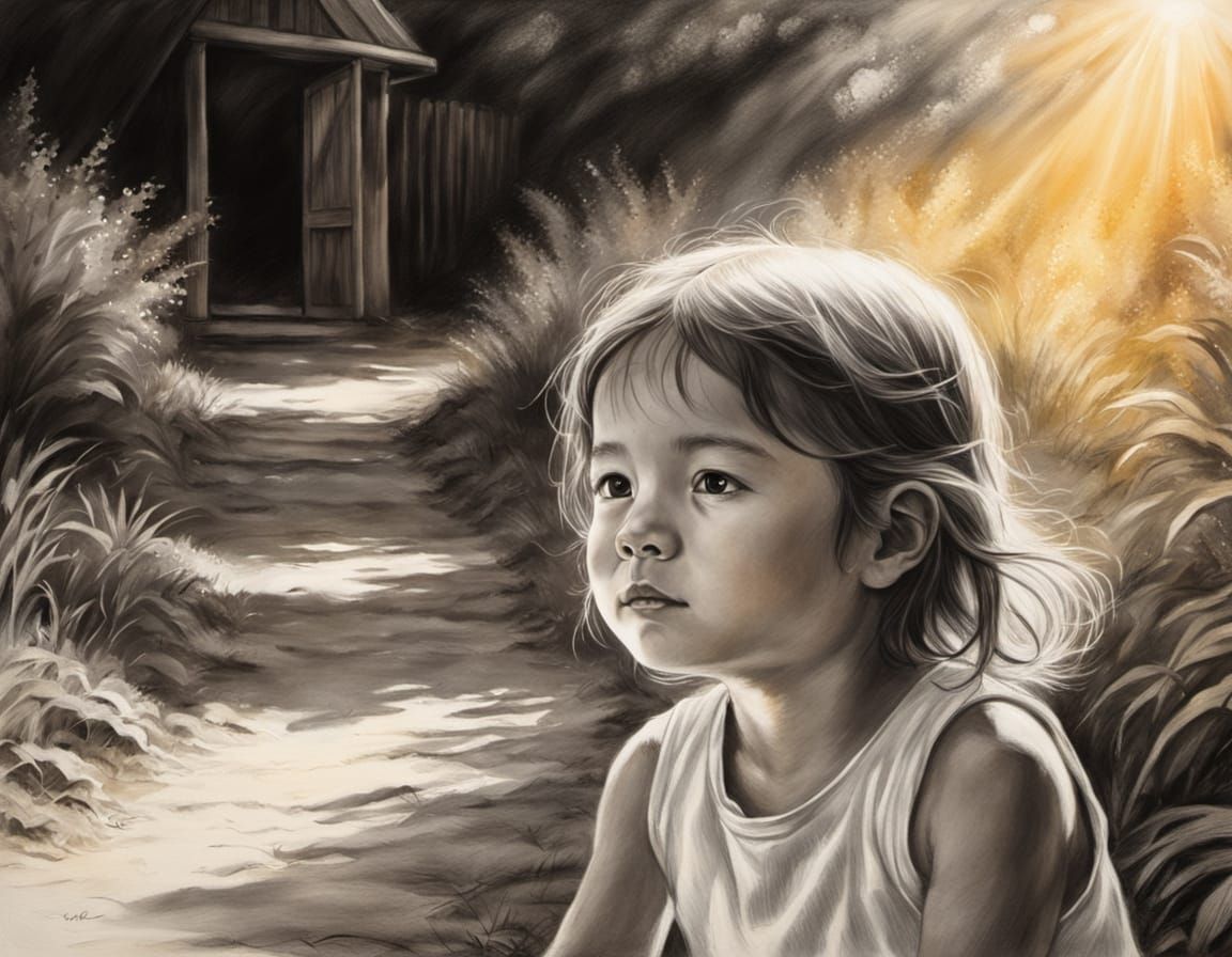 Child Sitting in Soft Light, Gouache Painting Style