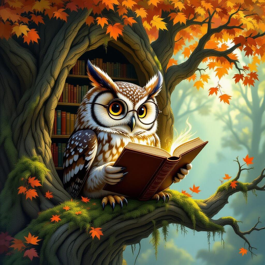 Humanoid Owl Reads Ancient Tome in Autumn Tree Library
