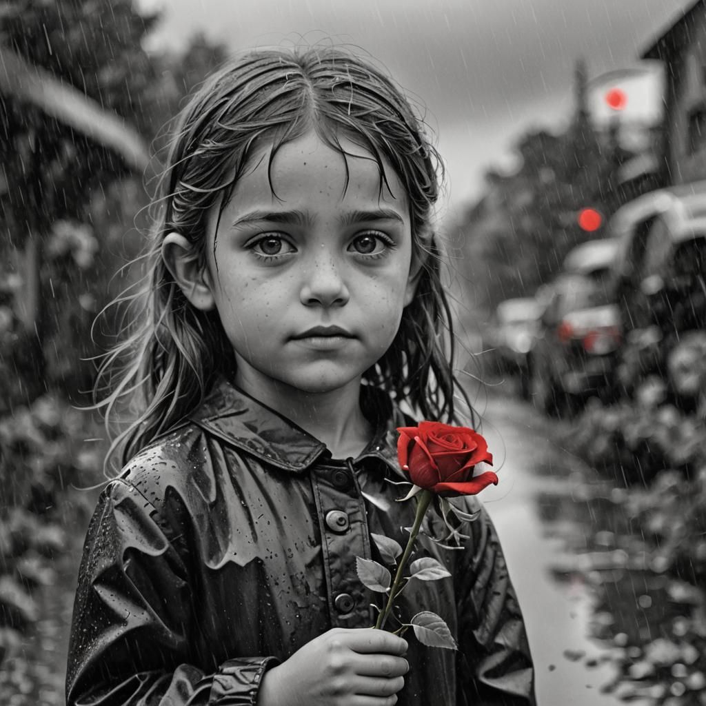 Girl with Red Rose: Black and White Photorealism