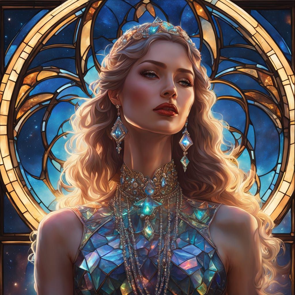 Stunning Lady in Iridescent Glass Attire, against a Triadic....