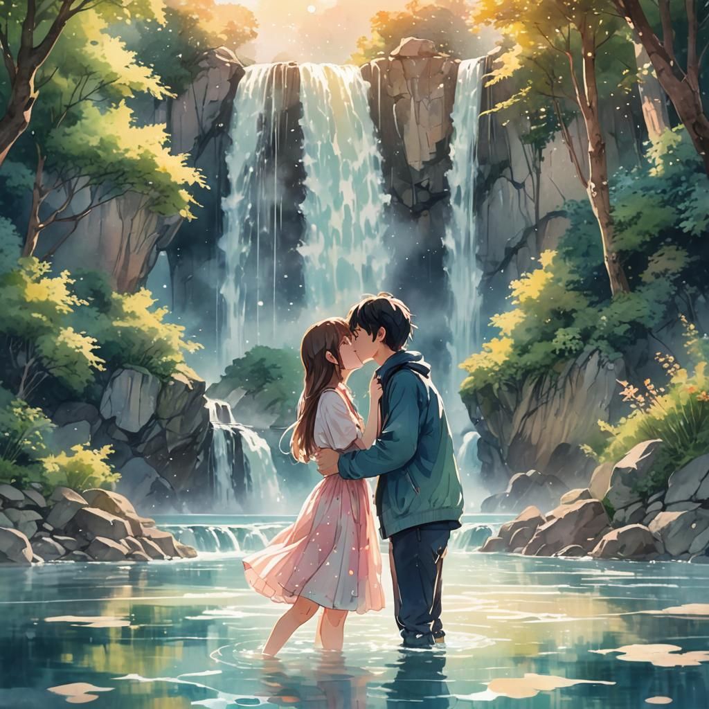 Romantic Anime Lovers Kissing at Waterfall