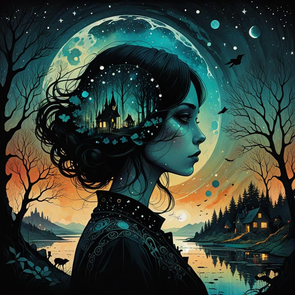 Woman's Head Silhouette with Cosmic Galaxy and Nature Elemen...