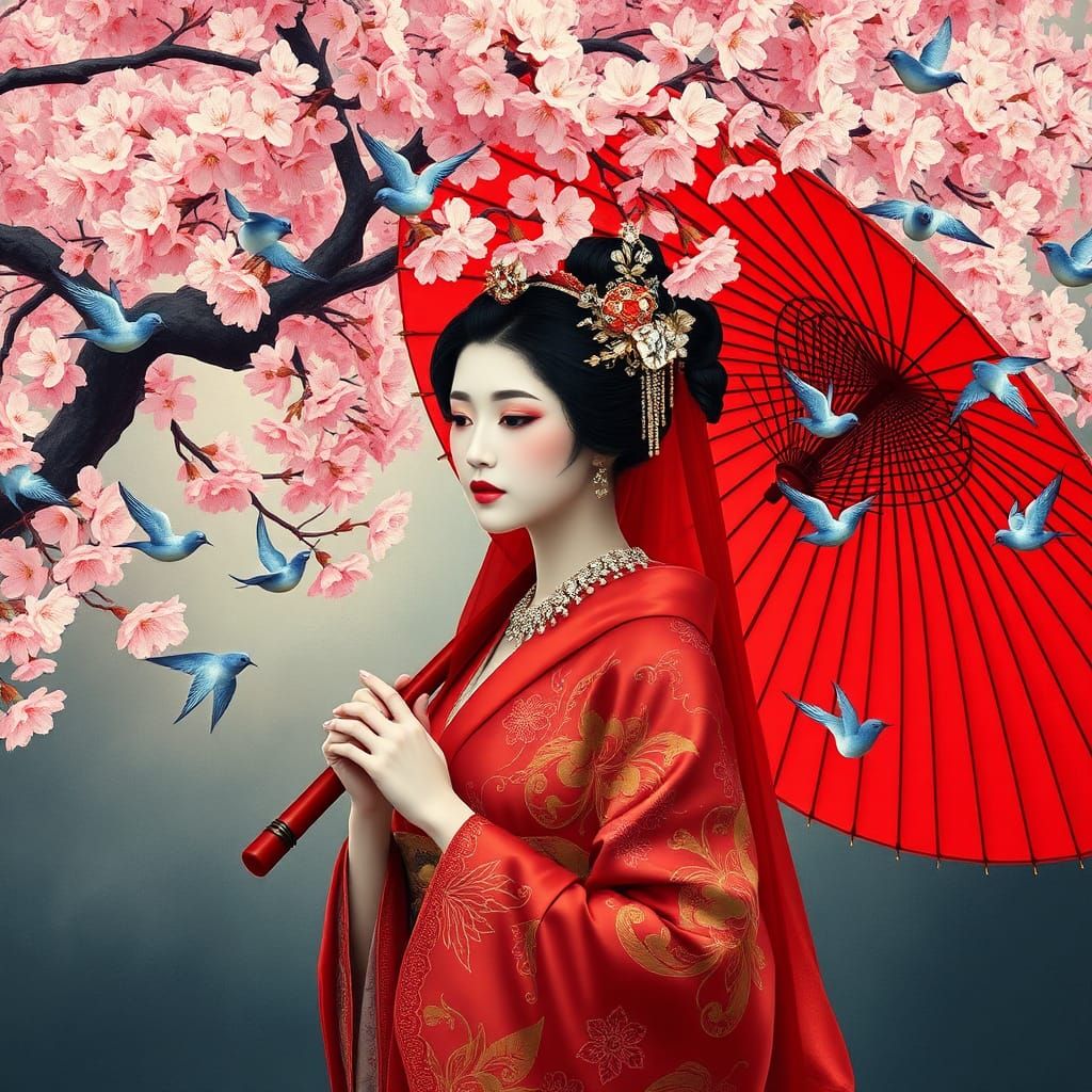 Geisha Under Cherry Blossoms in Ukiyo-e Style