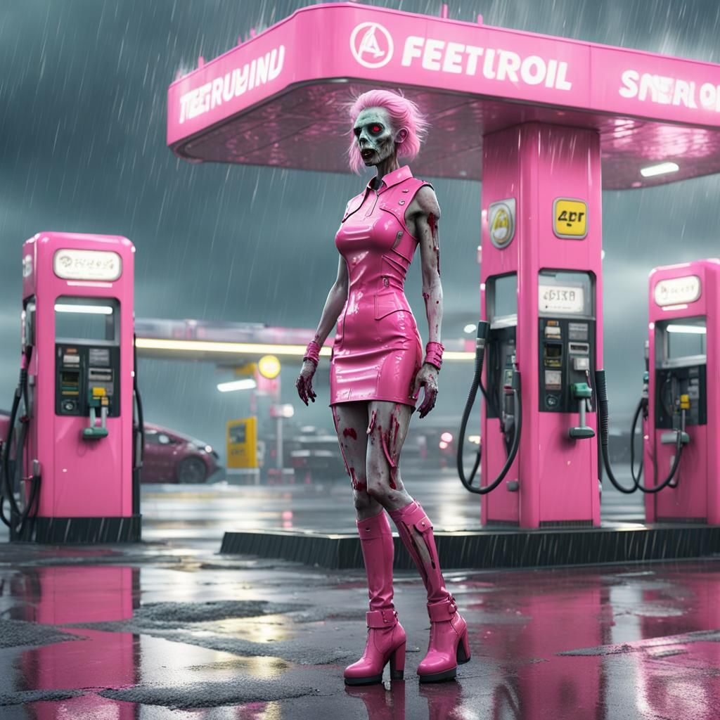 Zombie Girl in Pink Dress at Rainy Gas Station