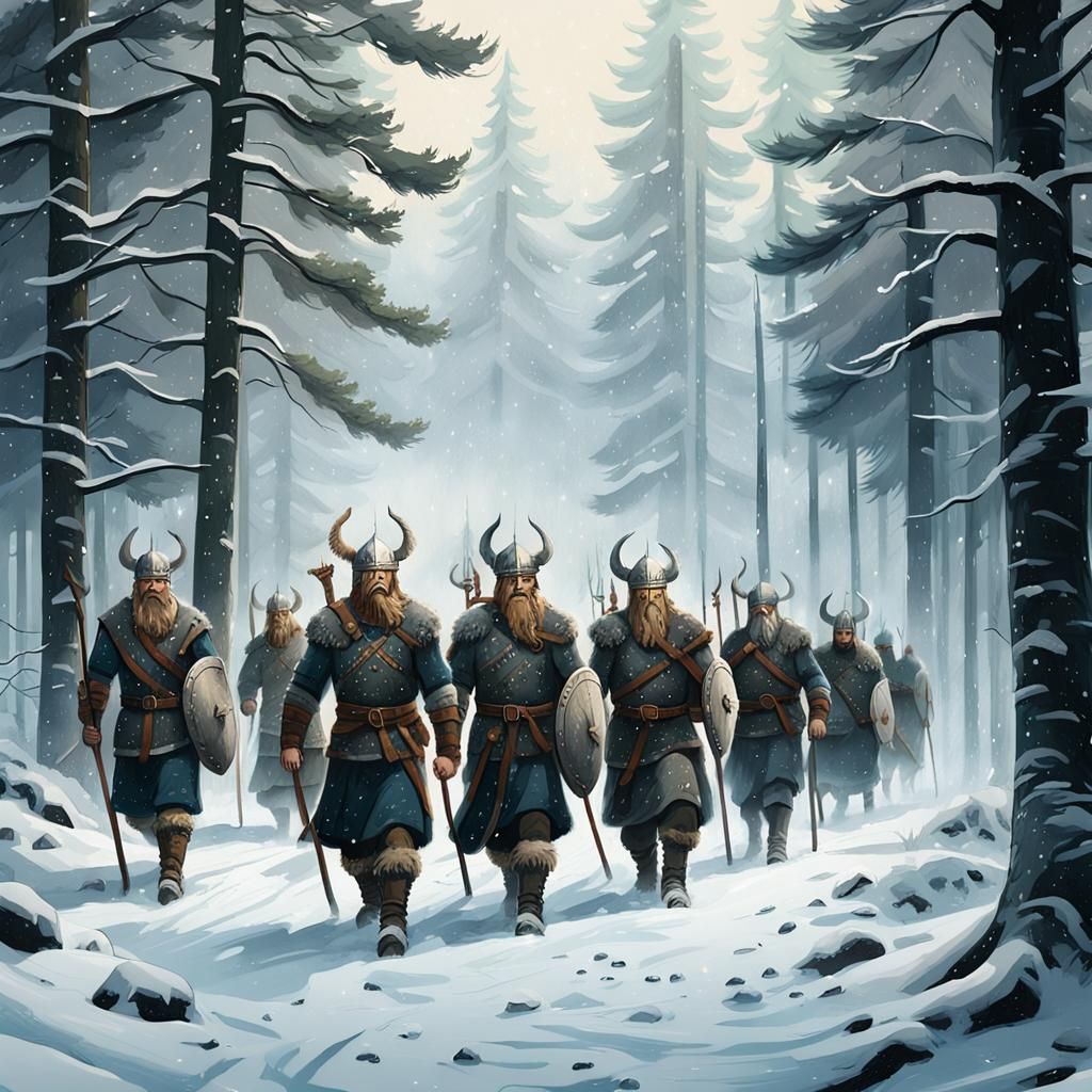 Viking Warriors Marching Through Snowy Nordic Forest