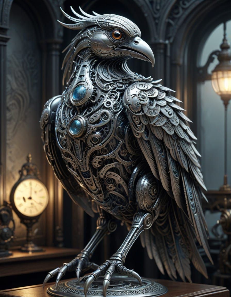 Surreal Silver Mechanical Bird in Hyper-Realistic Digital Ar...