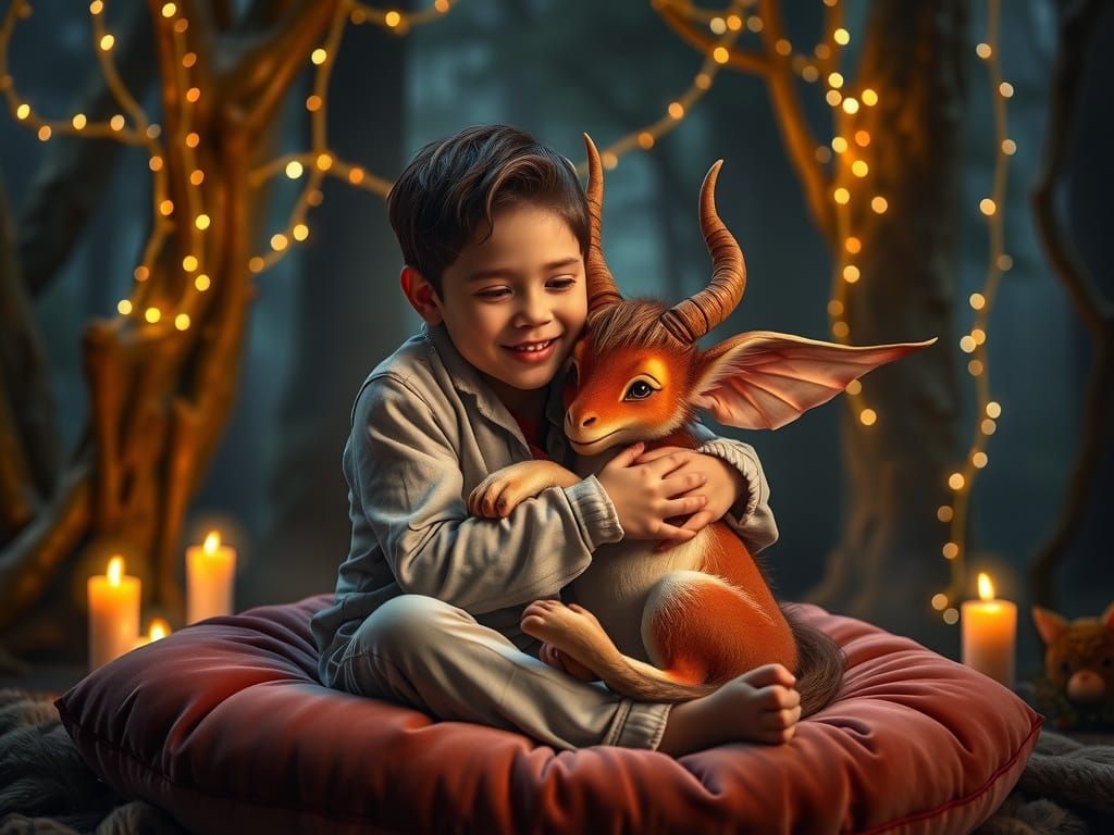 Surreal Fantasy Boy and Pet in Cozy Velvet Haven
