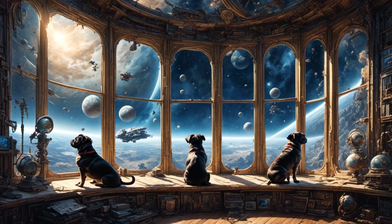 Pugs in Space: Watercolor Observation Room